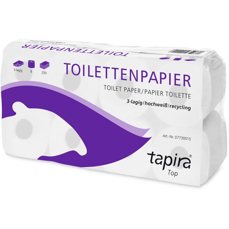 TAPIRA Top Toilettenpapier 3-lagig, recycelt, 8 x 8 Rollen á 250 Blatt, 1 Umpack