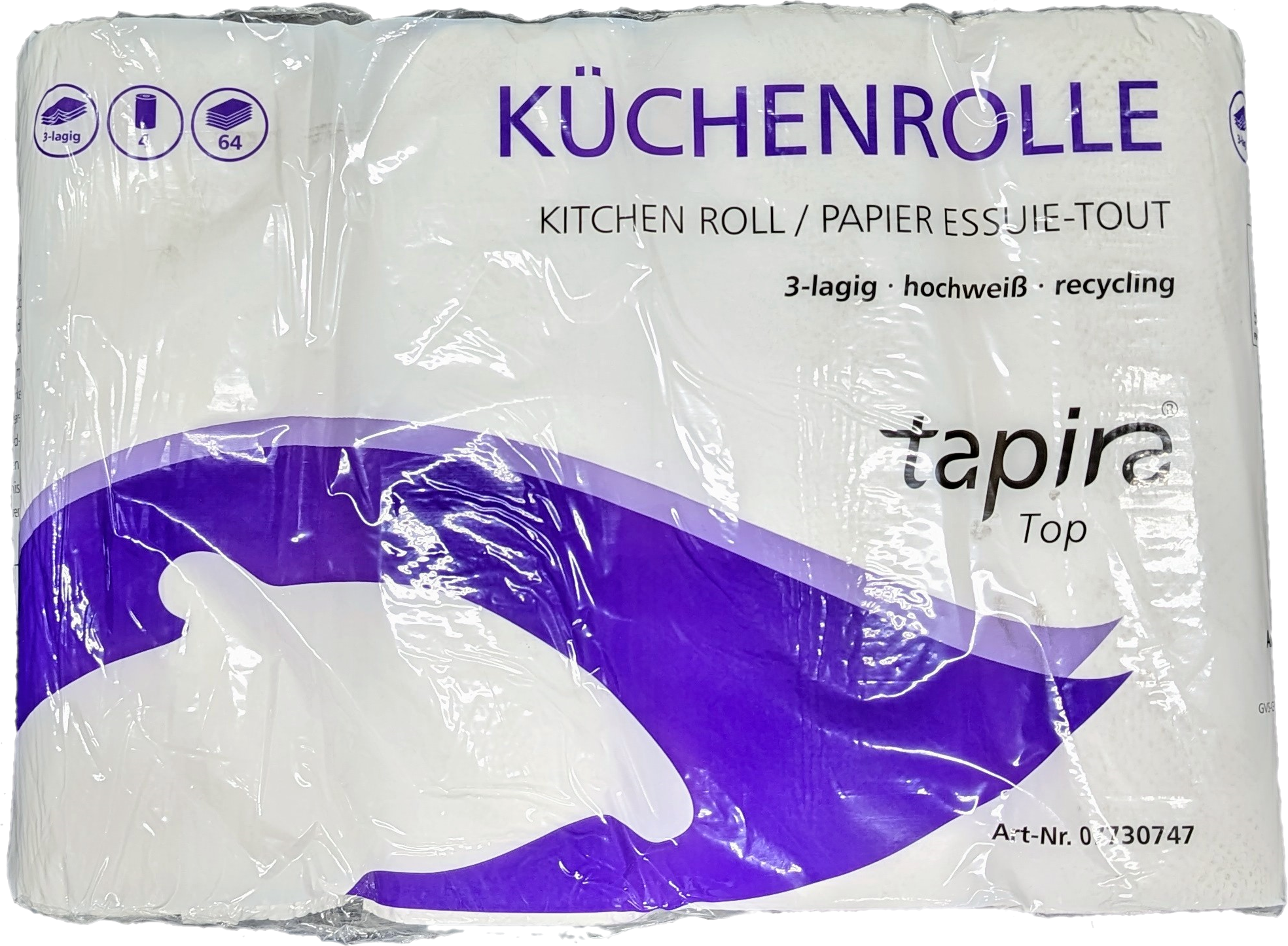 TAPIRA top Küchenrolle, 3-lg, 26x22cm, 64 Blatt, hochweiß, Recycling, 8x4 Rollen