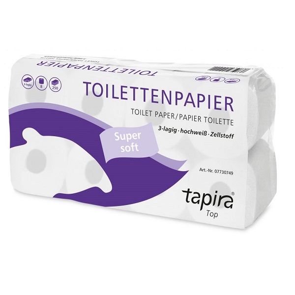Zellstoff Toilettenpapier  TAPIRA top , 3-lagig, weiß, 8 x 8 Rollen á 250 Blatt, 1 Umpack