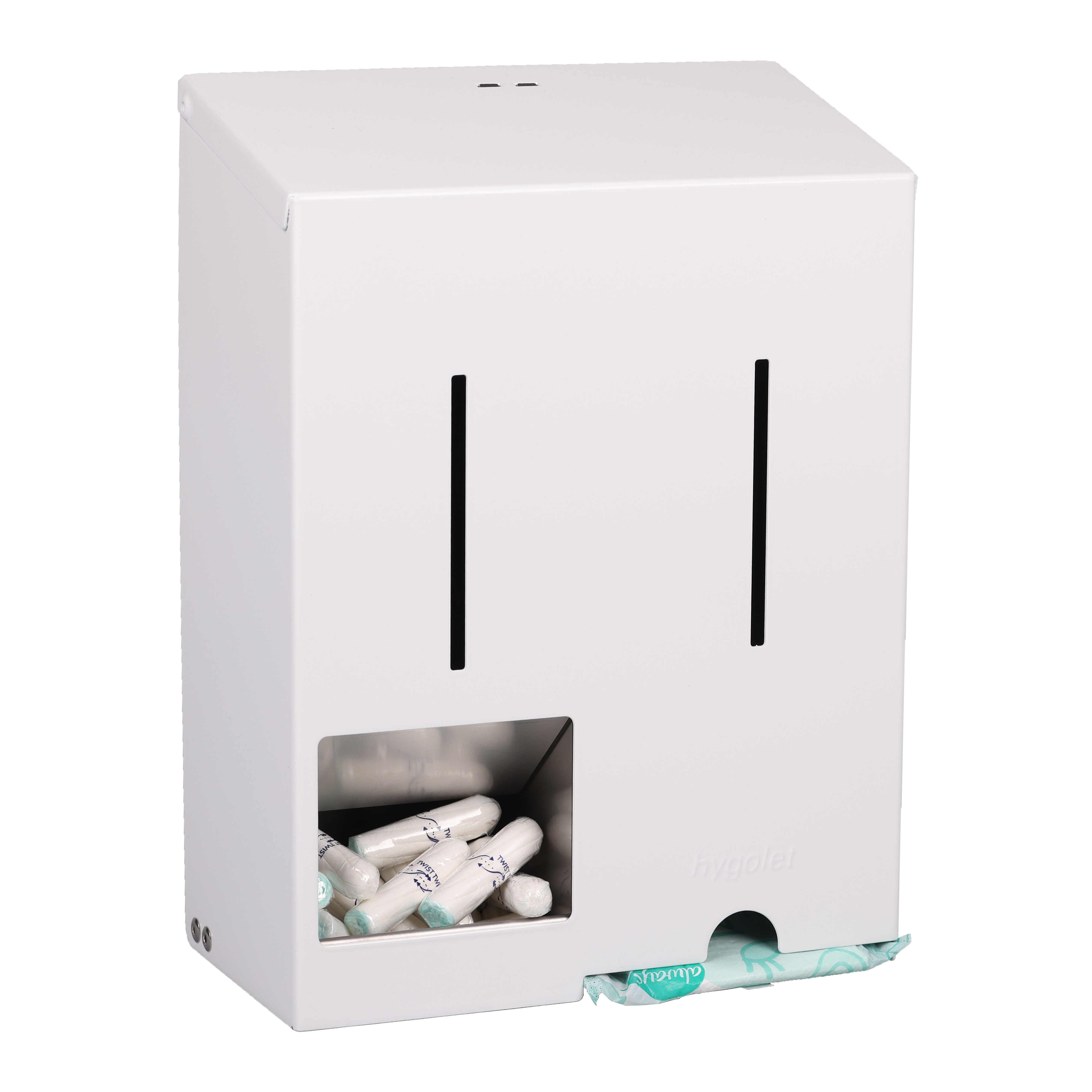 Damenhygienespender (Binden und Tampons) aus pulverbeschichtetem Edelstahl (weiß)